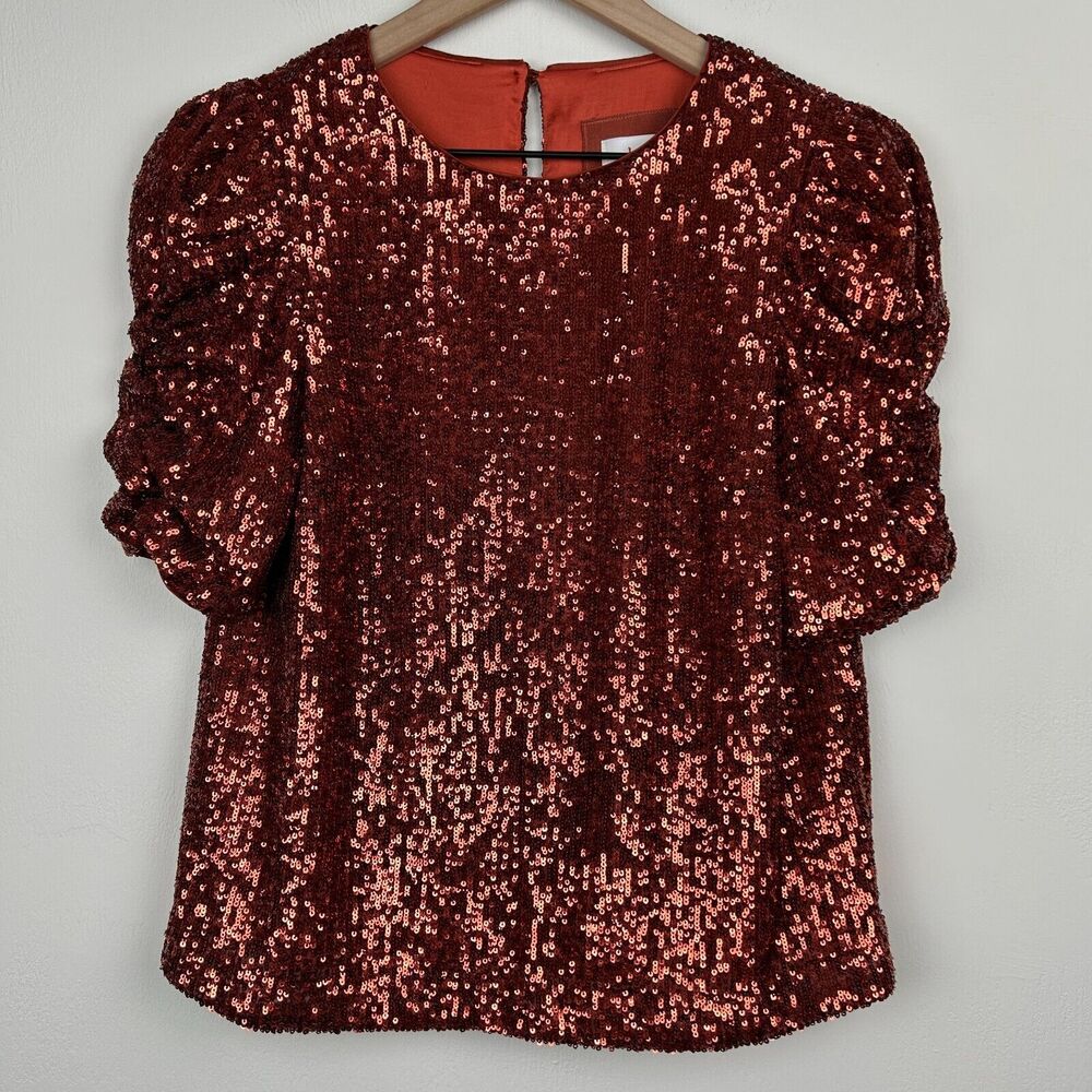 Anthropologie Sequin Blouse Womens Size 0 Orange Short Sleeve Button Ladies
